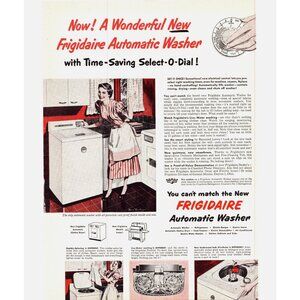 1950 Frigidaire Automatic Washer Washing Machine Vintage Print Ad 50s Wall Art